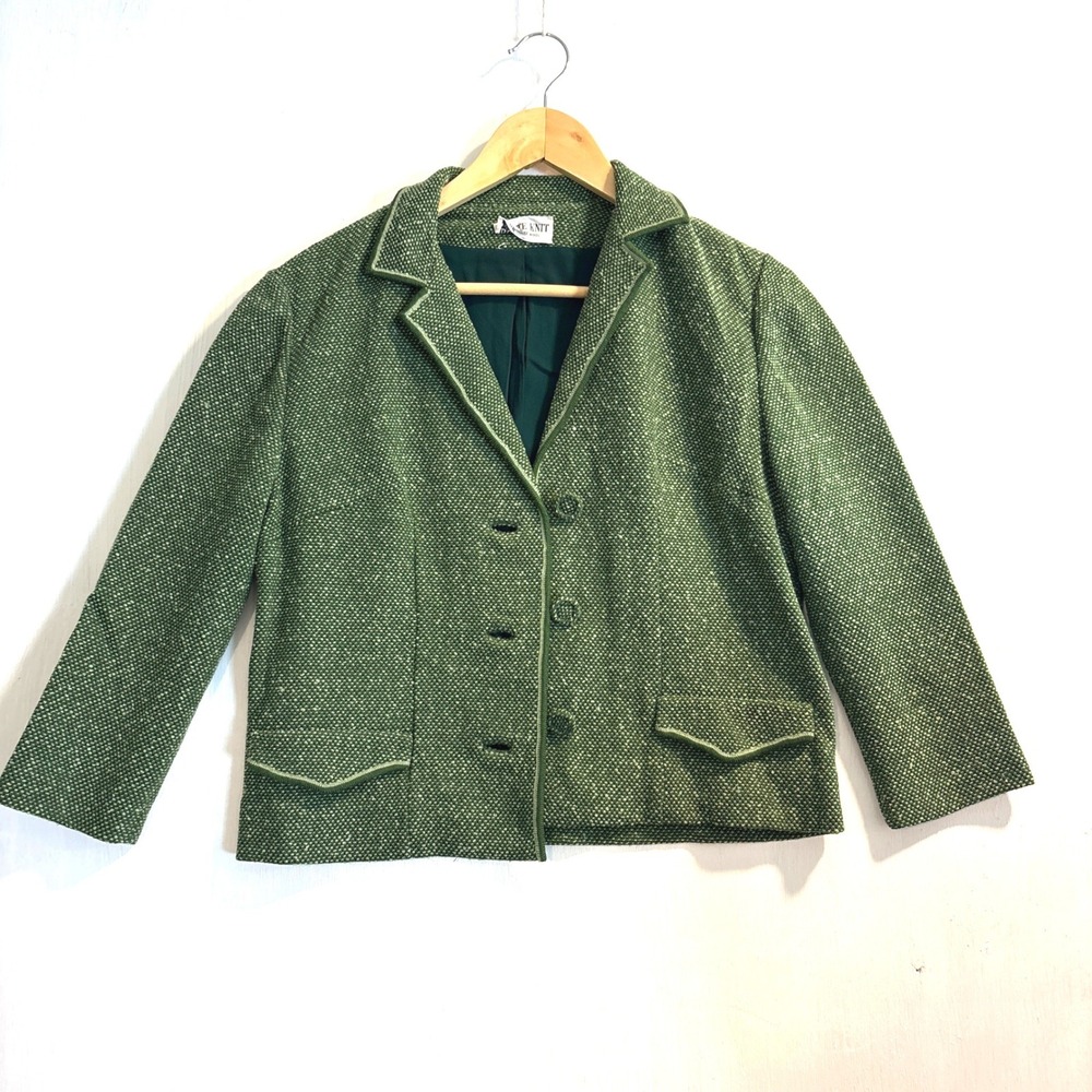 Vintage Butte Knit Green 100% Pure Wool Textured Blazer Jacket WPL 9442 446